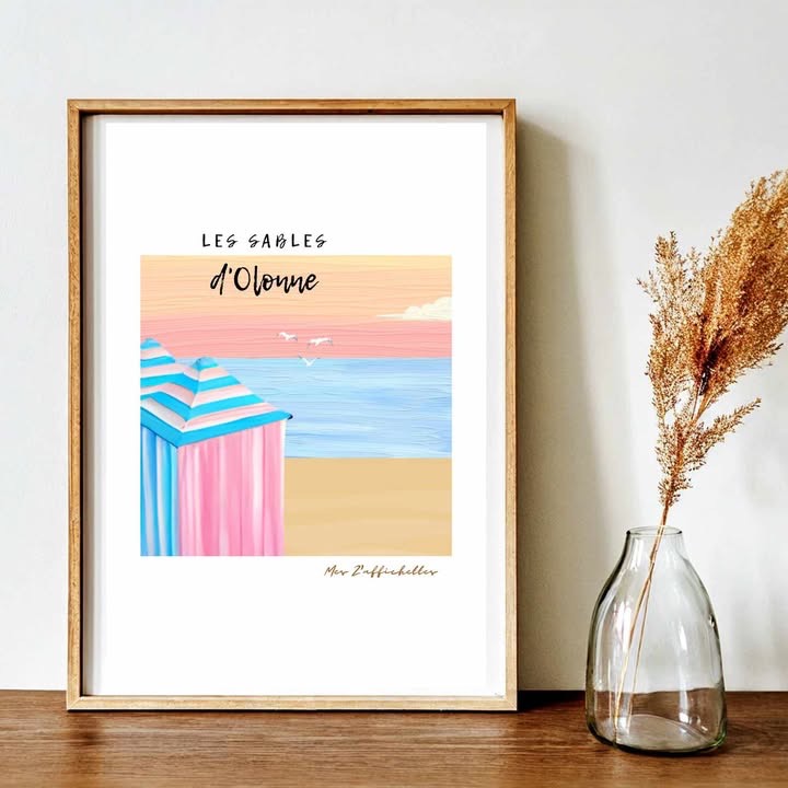 Affiche représentant les Sables d'Olonne avec des cabanes de plage colorées et une vue sur la mer.