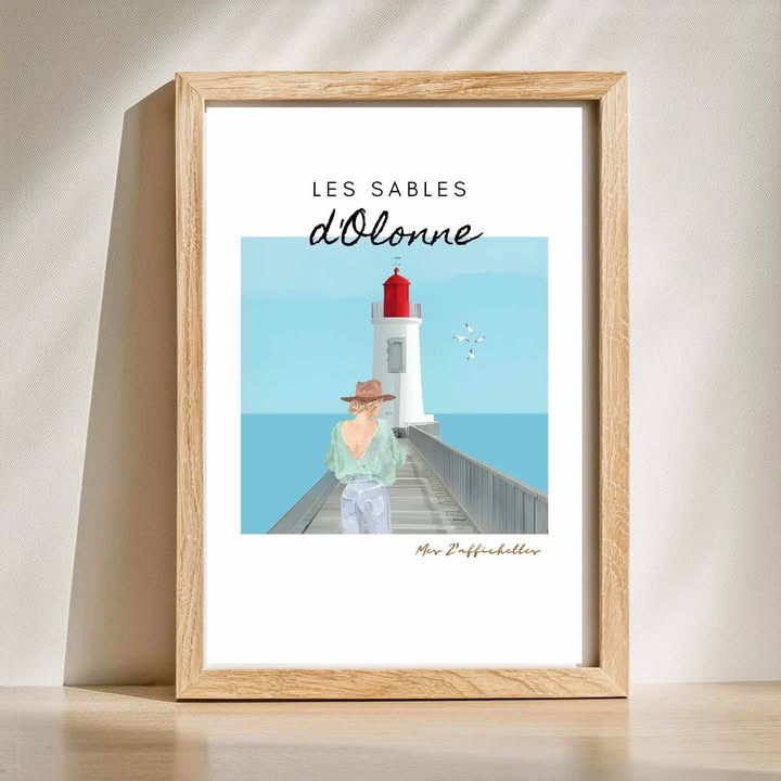 Affiche représentant un phare aux Sables d'Olonne avec une femme regardant vers l'horizon, stylisée avec des couleurs vives.