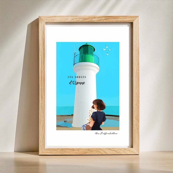 Affiche illustrée représentant un phare aux Sables d'Olonne avec une jeune femme tenant des fleurs, dans un style d'art naïf.