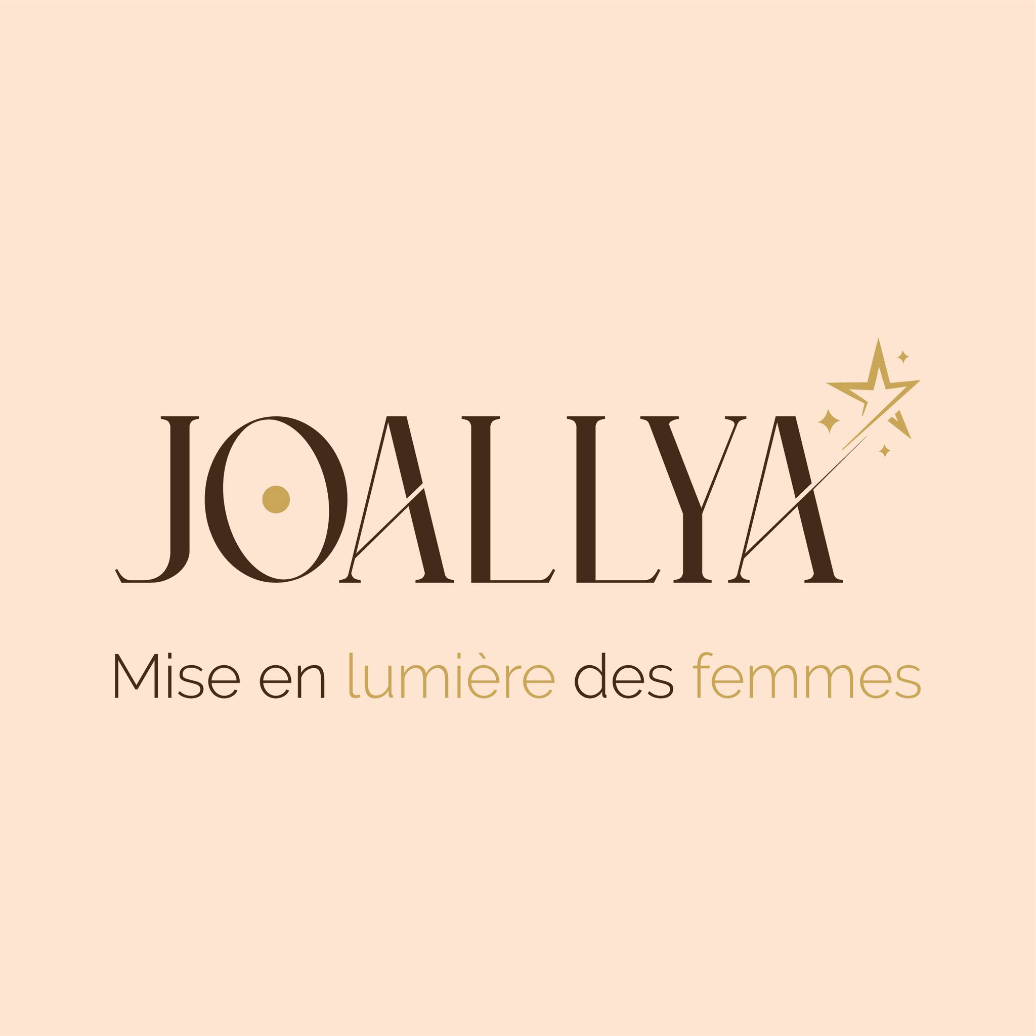 Logo de Joallya avec le slogan 'Mise en lumière des femmes' sur un fond beige.