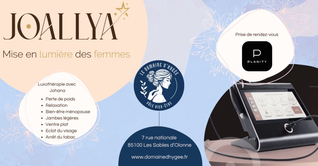 Image promotionnelle pour Joallya, mettant en avant des services de luxothérapie pour les femmes, y compris la perte de poids, la relaxation et le bien-être ménopausique.