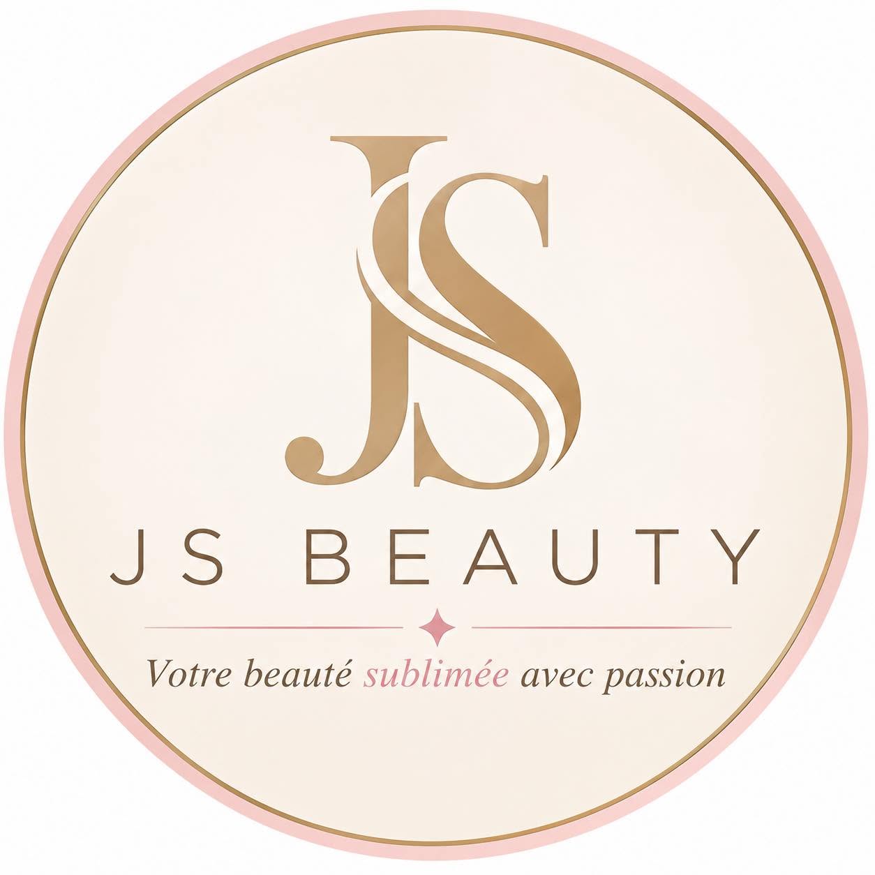 Logo de JS Beauty avec le texte 'Votre beauté sublimée avec passion' sur un fond beige.